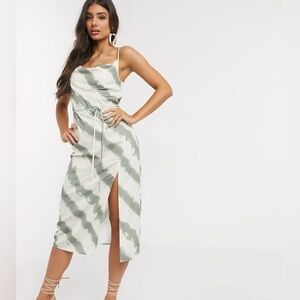 4th + Reckless Women’s Green Ivory Tie Dye Cowl Neck‎ Midi Slip Dress Sz 8 Tall